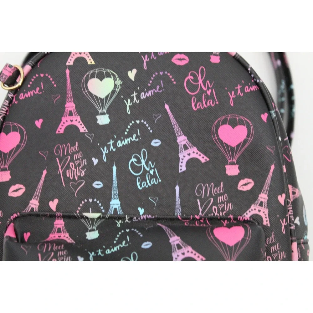 Paris Theme Mini Backpack Black Faux Leather Rainbow Zipper Eiffel Tower Print